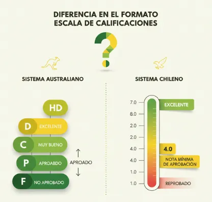 Diferencia en el formato de la escala de calificaciones Australia vs. Chile