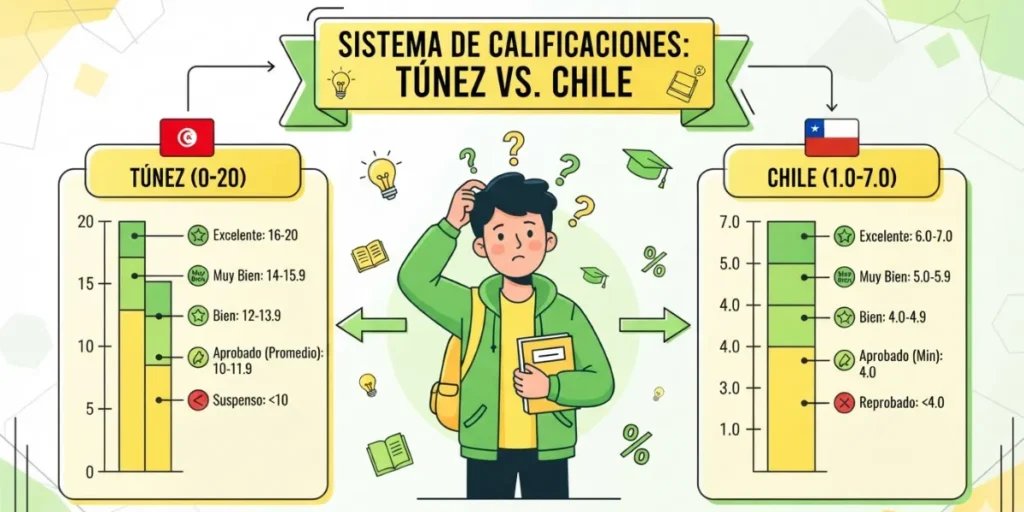 Sistema de calificaciones de Túnez vs. sistema de calificaciones de Chile