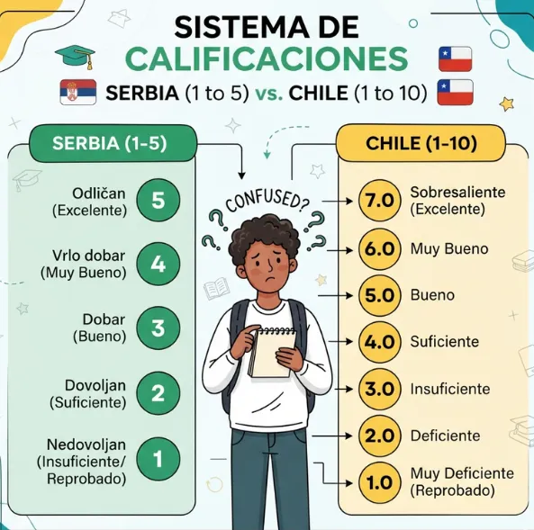 Sistema de notas de Serbia vs. sistema de notas de Chile